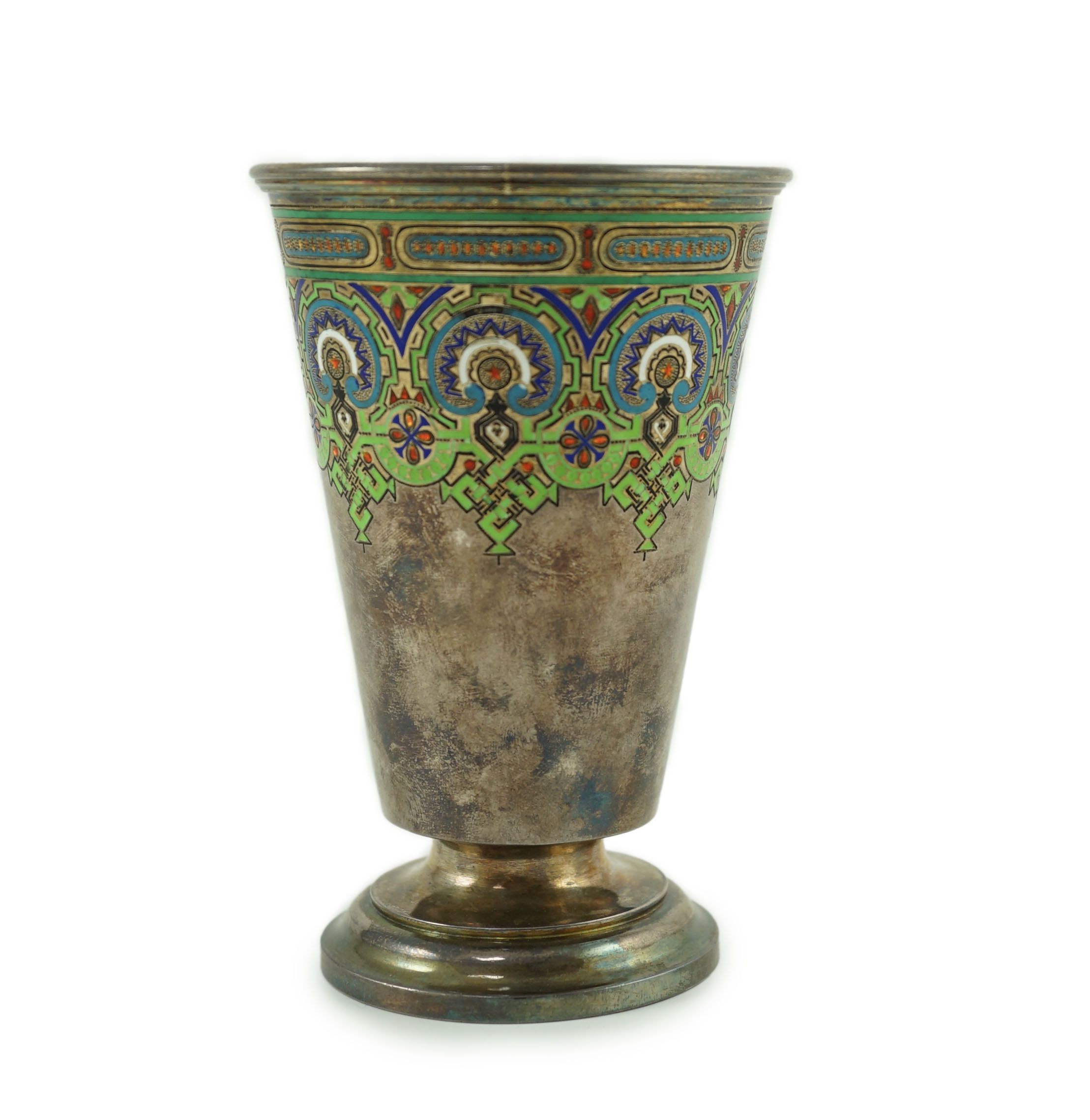 A late 19th century Russian 91 zolotnik silver and polychrome champlevé enamel pedestal beaker, St. Petersburg, maker Pavel Sazikov, 1874